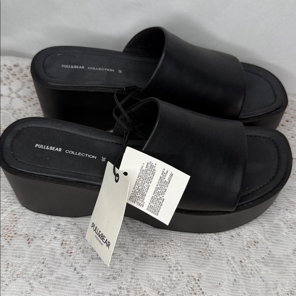 NWT Pull & Bear black retro thick platform high clog slip on open toe sandals 9